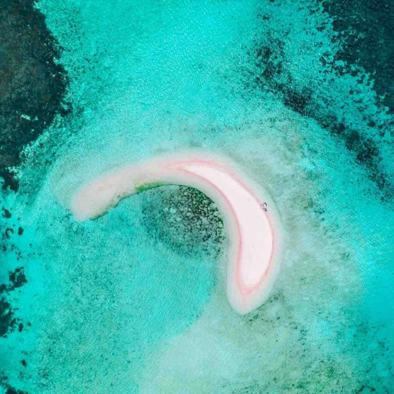 Taka Makassar from directly above: a crescent sandbank inside a turquoise reef