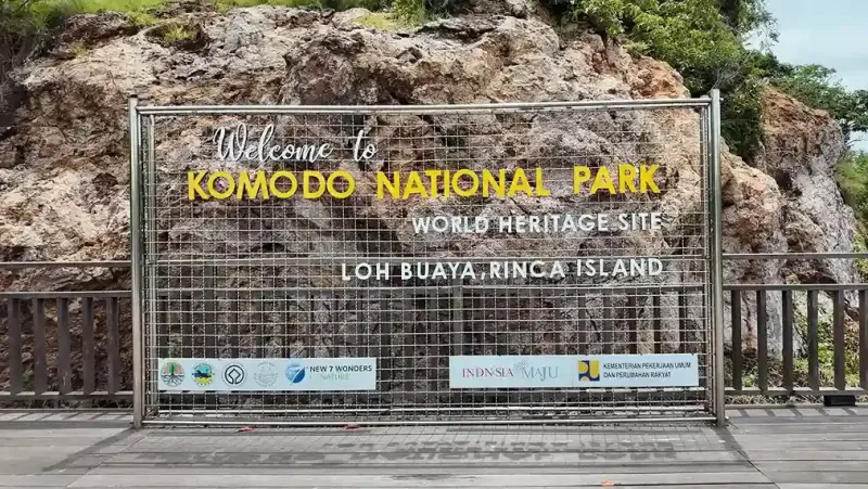 The Komodo National Park entrance sign at Loh Buaya on Rinca Island