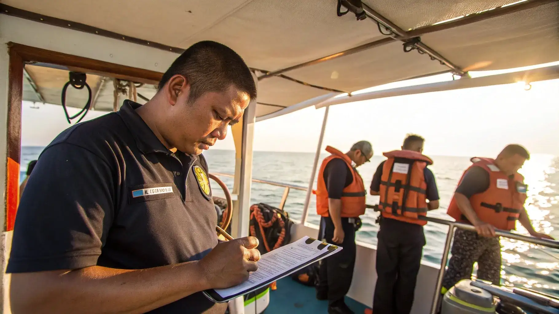 A crew officer completing a safety checklist on deck while crew in life jackets prepare gear at sunset