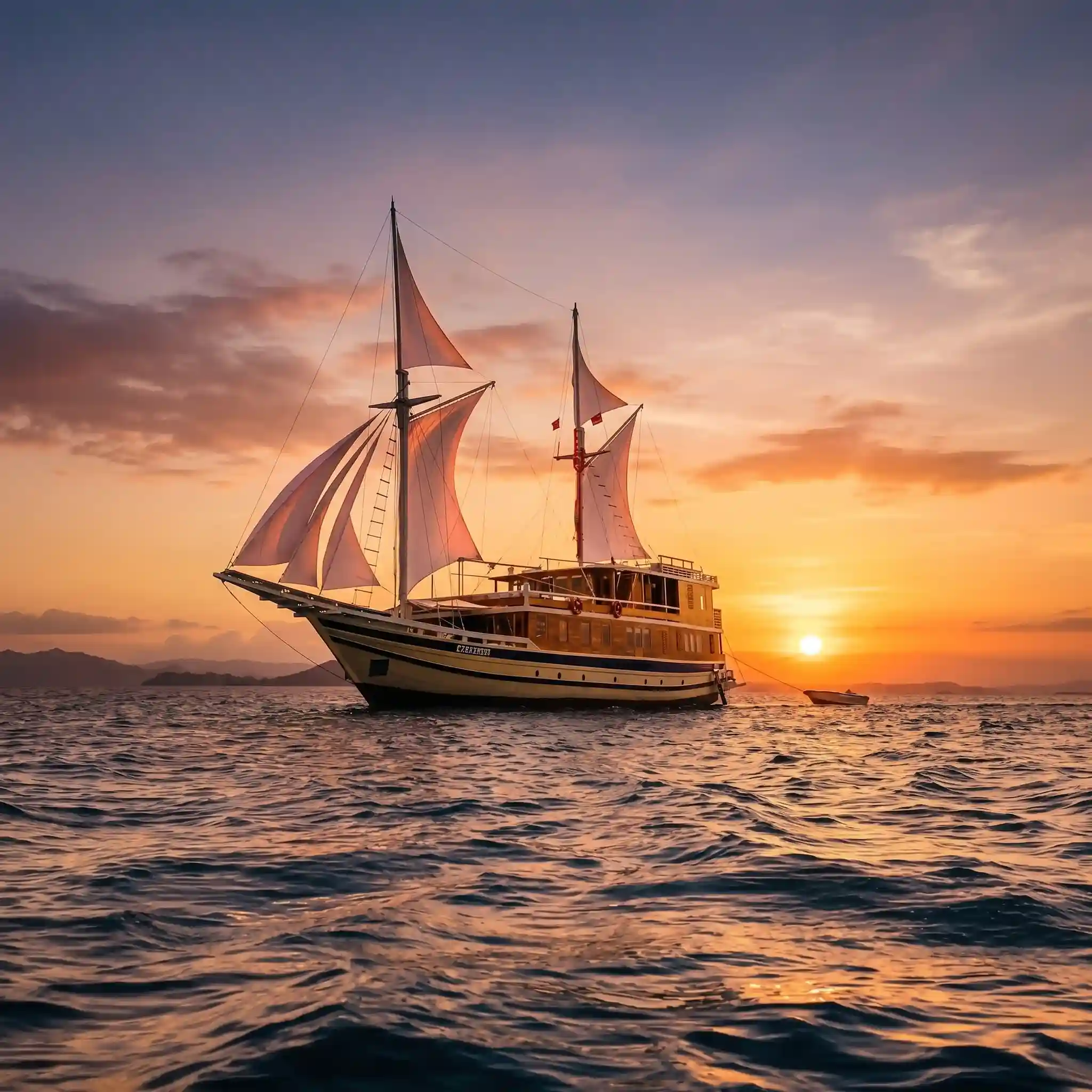 A master cabin aboard a phinisi: dark timber beams, a double bed, sea through the windows