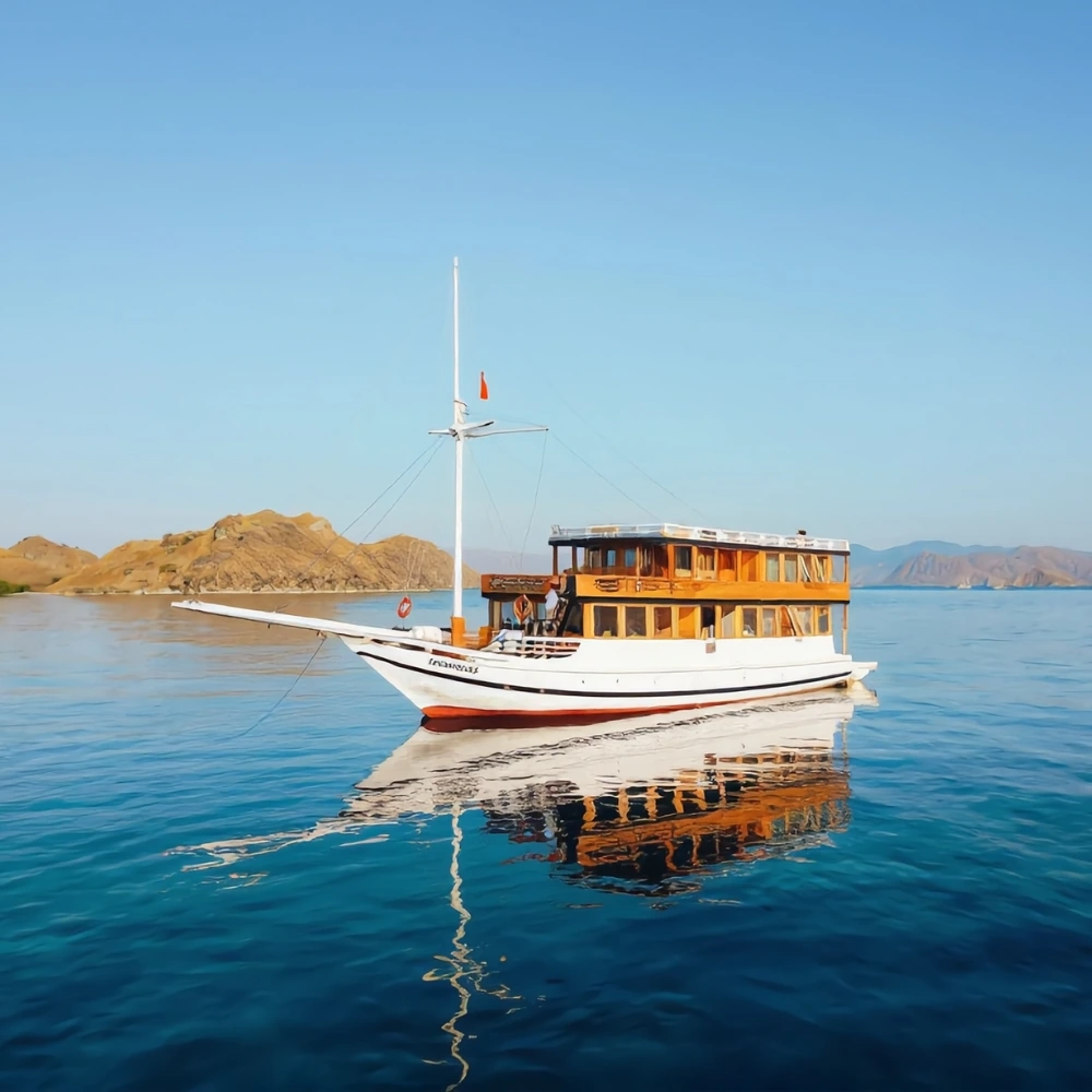 Private phinisi charter boat anchored in calm Komodo waters
