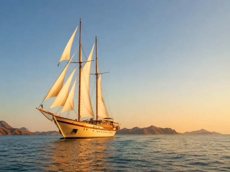 Luxury phinisi yacht sailing at sunset near Komodo