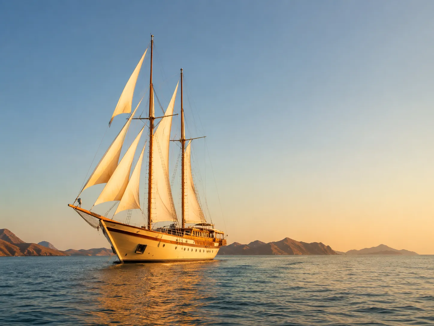 Luxury phinisi yacht sailing at sunset near Komodo