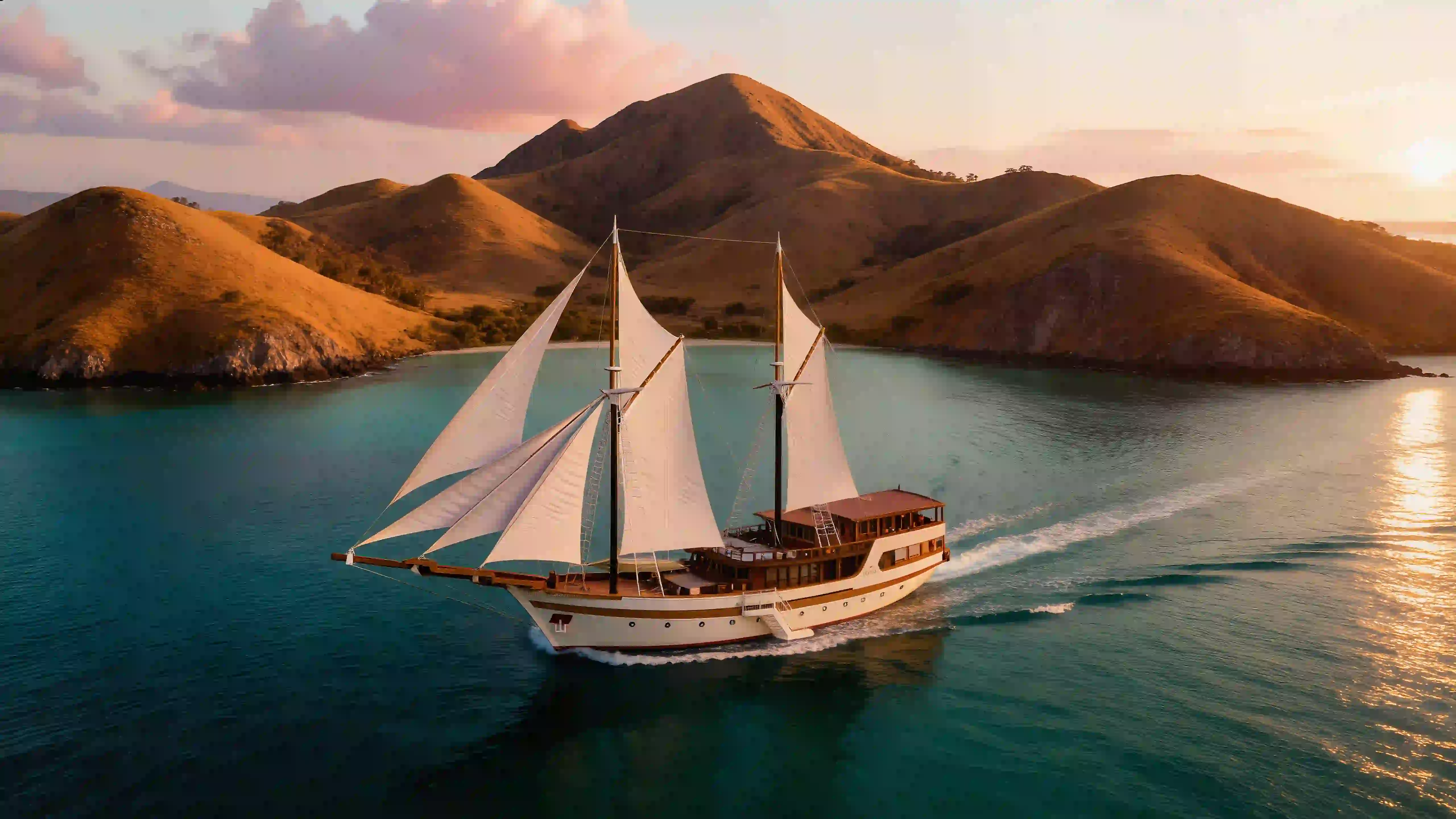 Phinisi sailing boat cruising past Komodo's hills