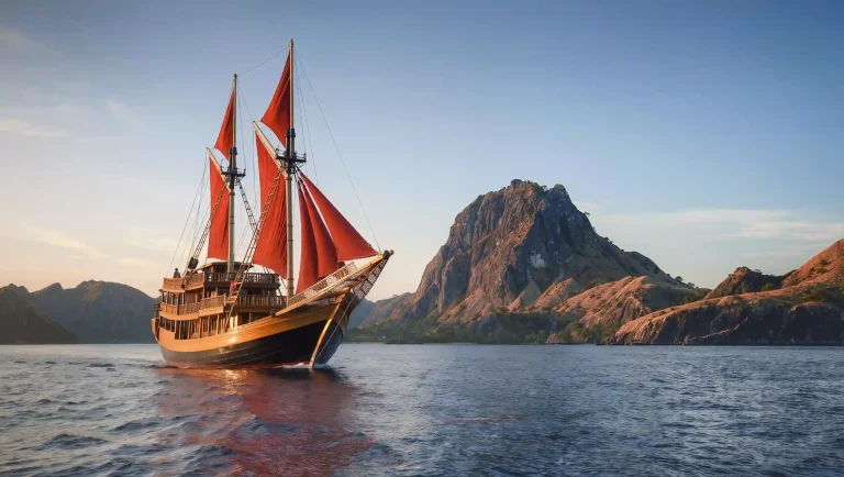 Red-sailed phinisi boat cruising in Komodo National Park