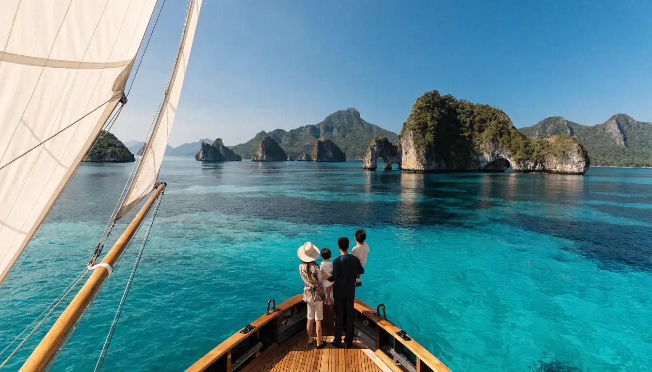 Family on a yacht bow admiring Raja Ampat karst islands