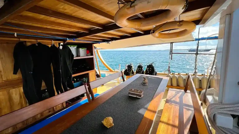 Wetsuits and dive gear on a liveaboard dive deck